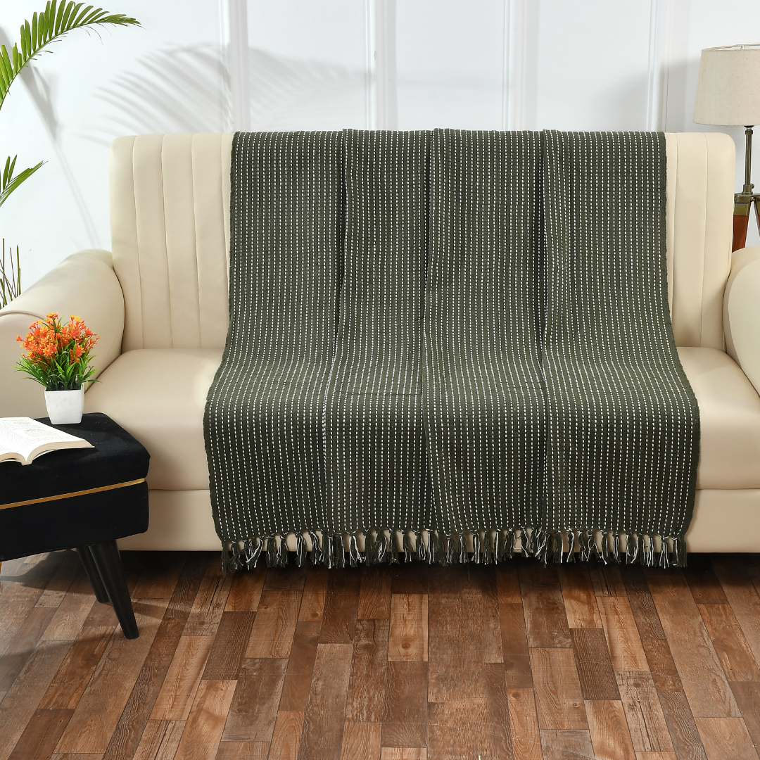 Olive Green Woven Cotton Throw - Sashaaworld