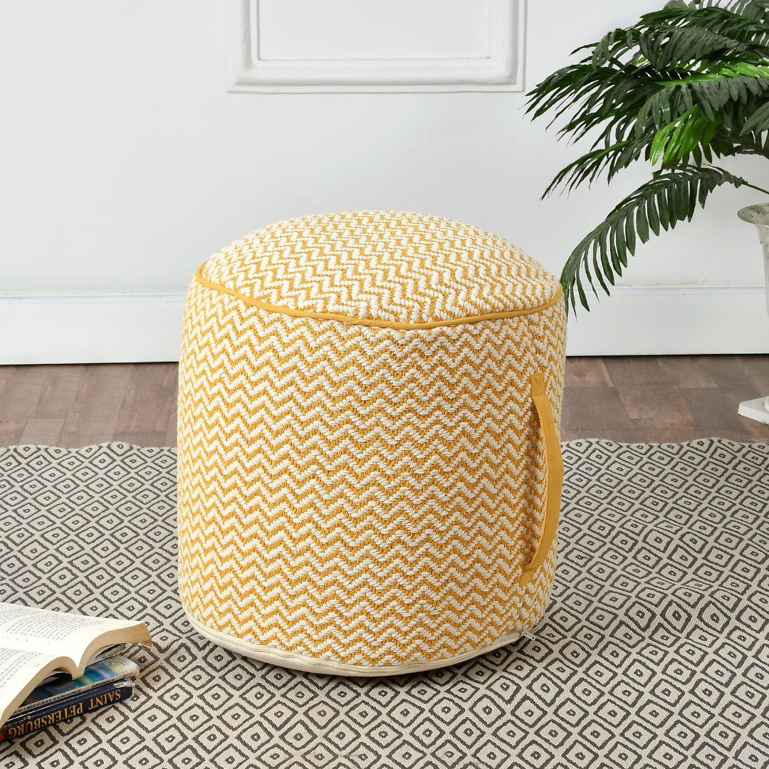 Mustard and White Boho Pouf- Sashaaworld