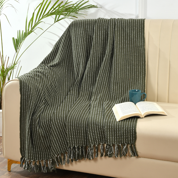 Olive Green Woven Cotton Throw - Sashaaworld
