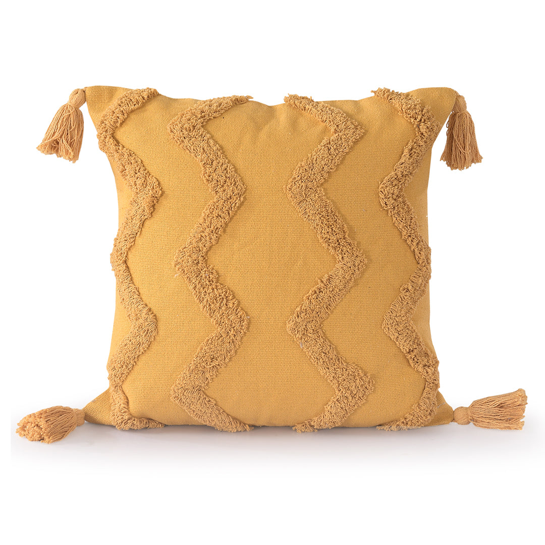 Yellow Chevron Tufted Cushion Cover with Tassels