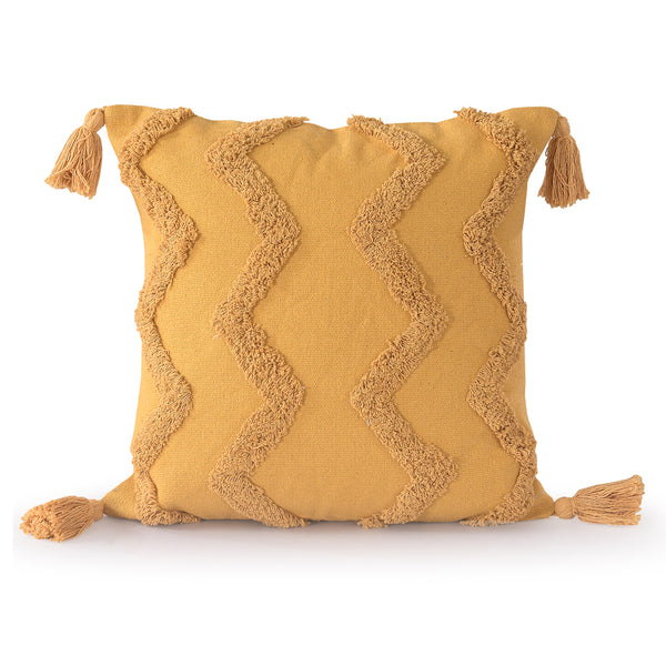 Yellow Chevron Tufted Cushion Cover with Tassels