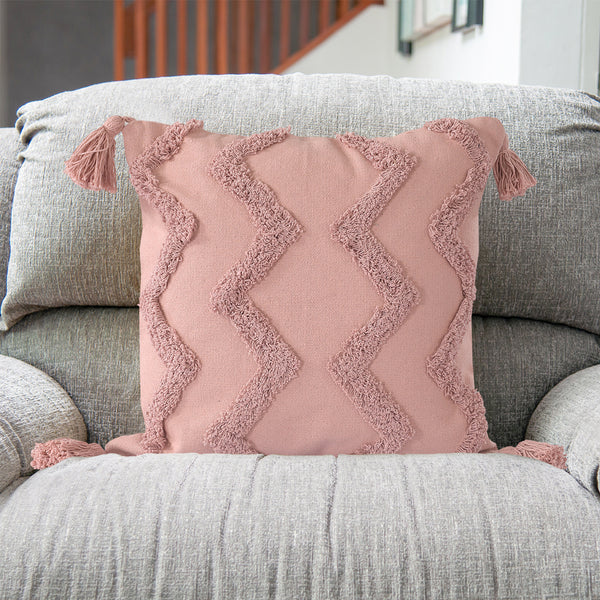 Pink Chevron Tufted Cushion Cover with Tassels