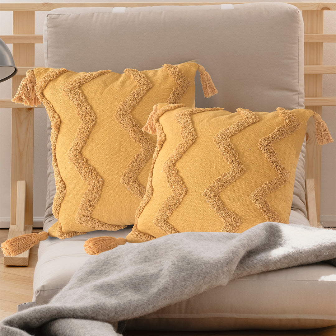 Yellow Chevron Tufted Cushion Cover with Tassels