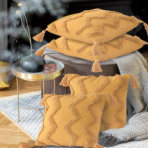 Yellow Chevron Tufted Cushion Cover with Tassels