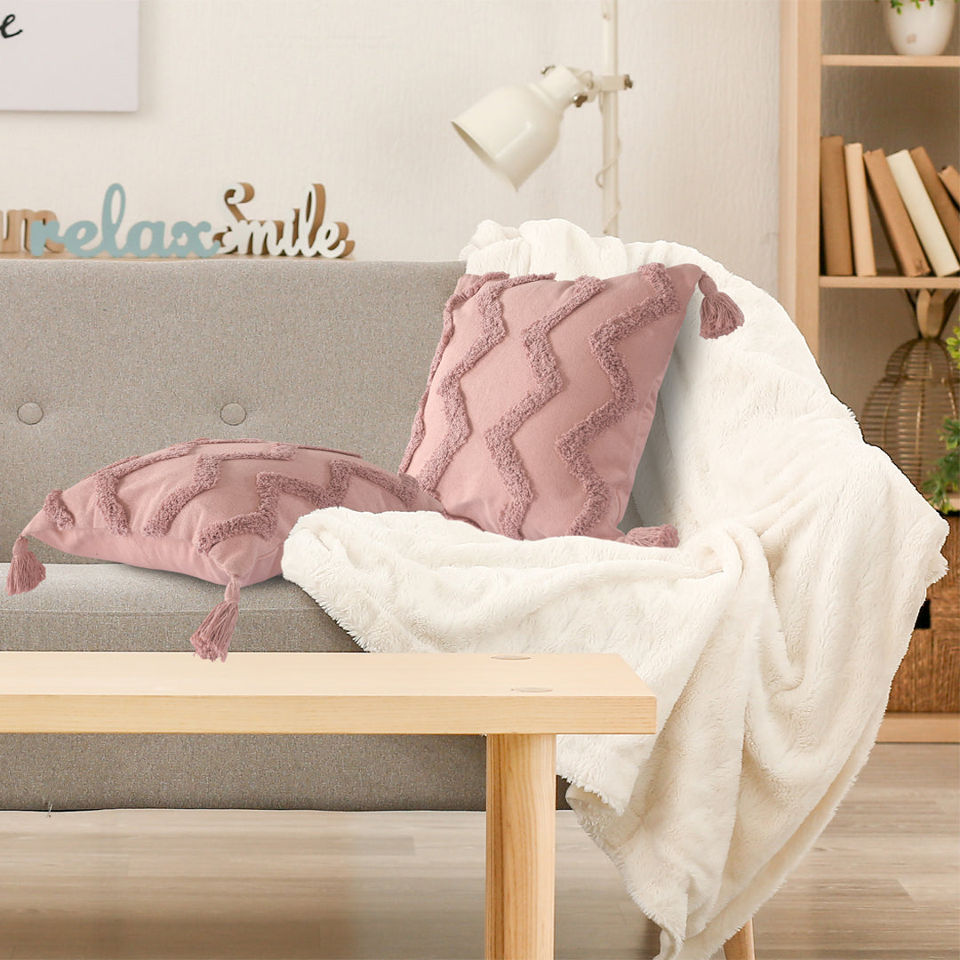 Pink Chevron Tufted Cushion Cover with Tassels
