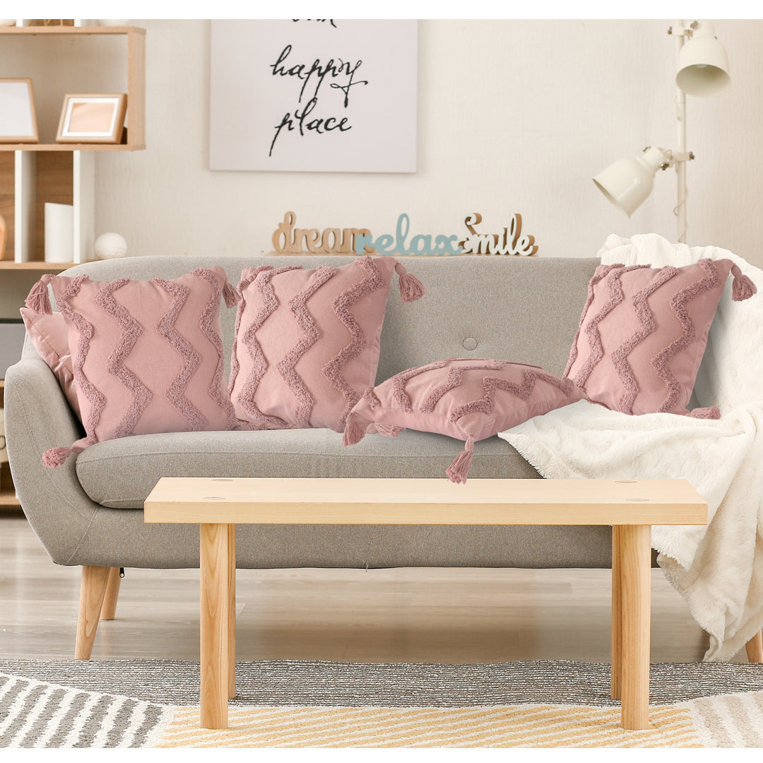 Pink Chevron Tufted Cushion Cover with Tassels