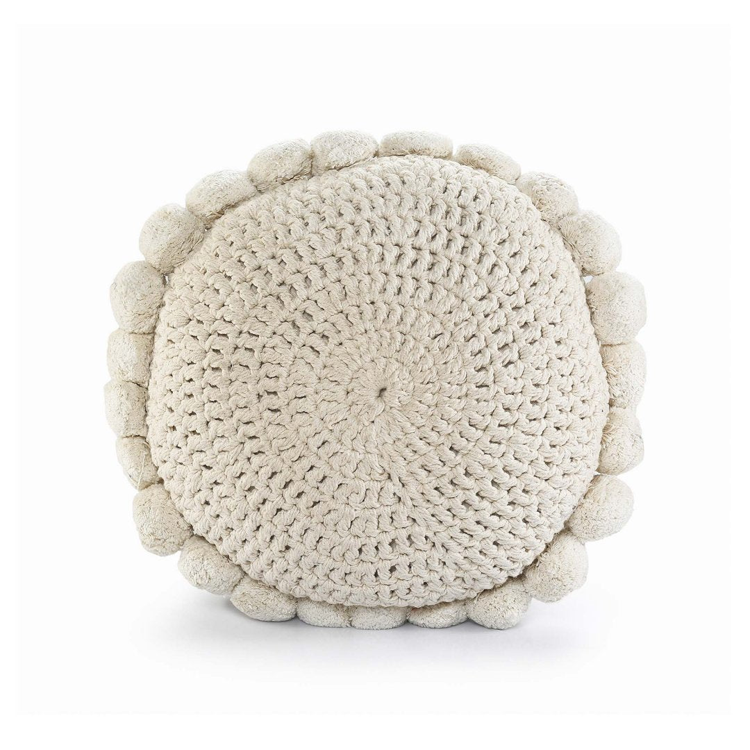 White Crochet Pompom Round Cushion- Sashaa World