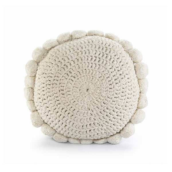 White Crochet Pompom Round Cushion- Sashaa World
