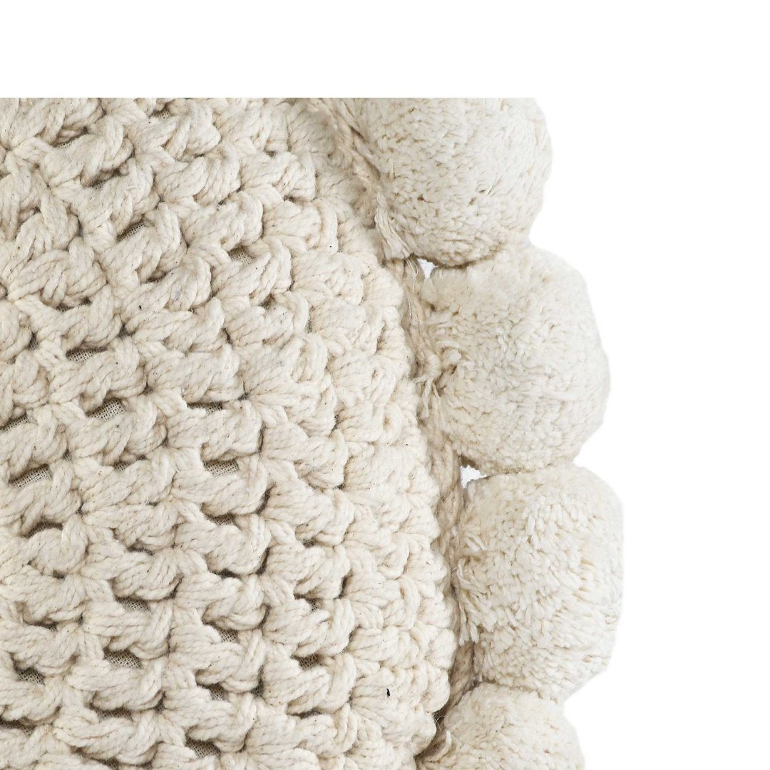 White Crochet Pompom Round Cushion- Sashaa World