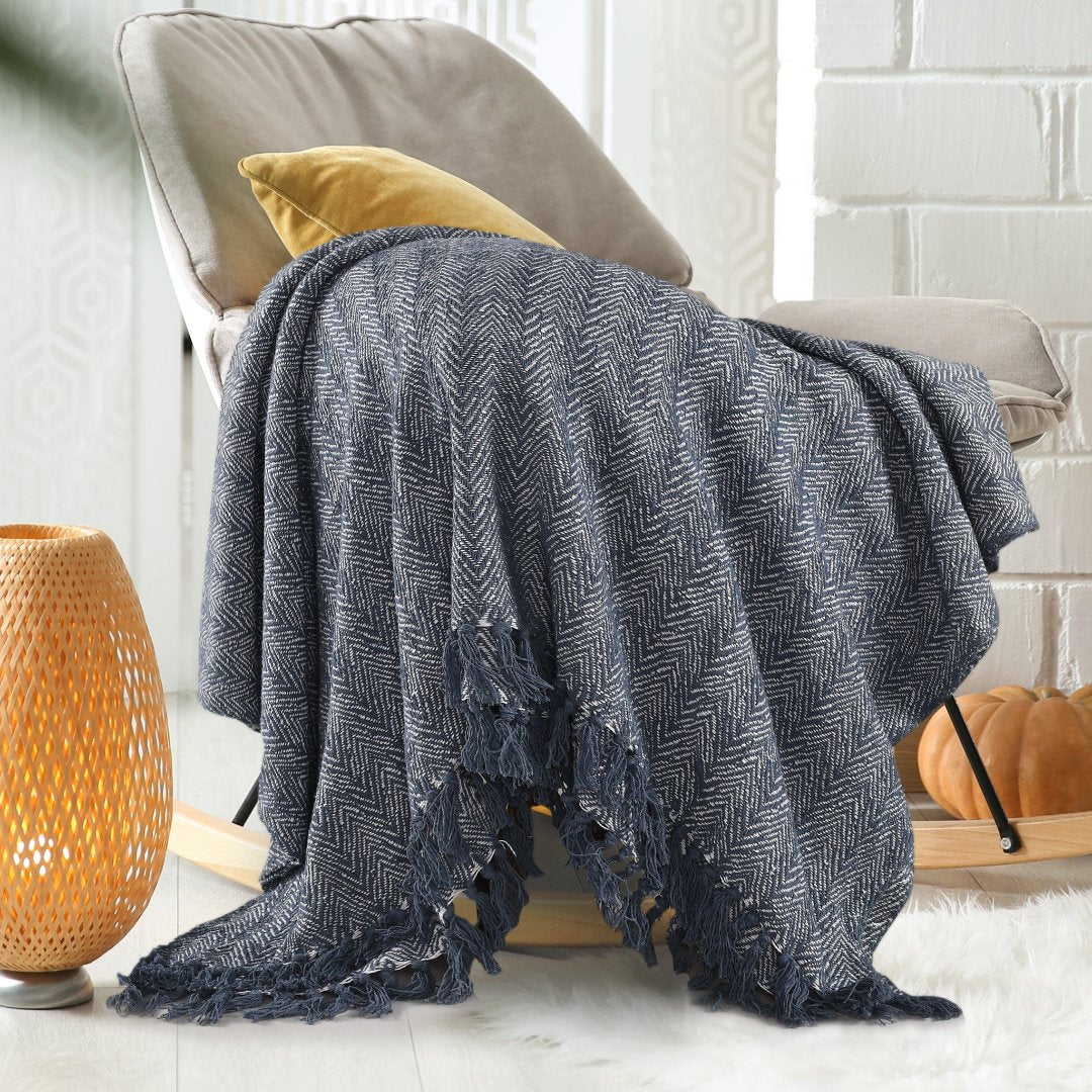 Nature-Inspired Herringbone Throw Blanket Navy Blue - Sashaaworld