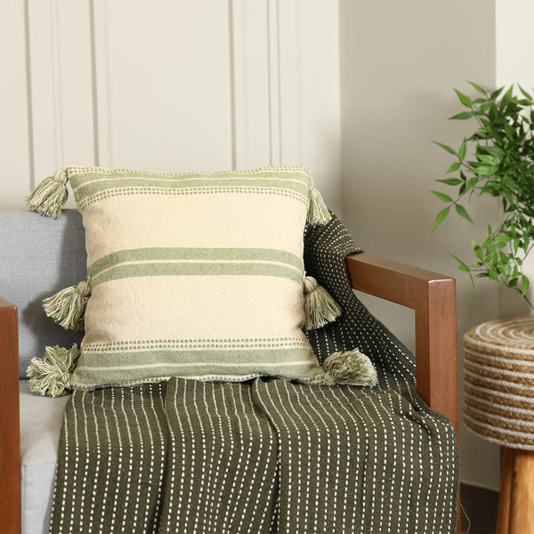 Green Striped and Tassels Cushion Cover - Sashaa World