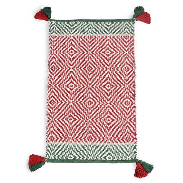 Red and Green Handwoven Scatter Rug with Tassels- Sashaaworld