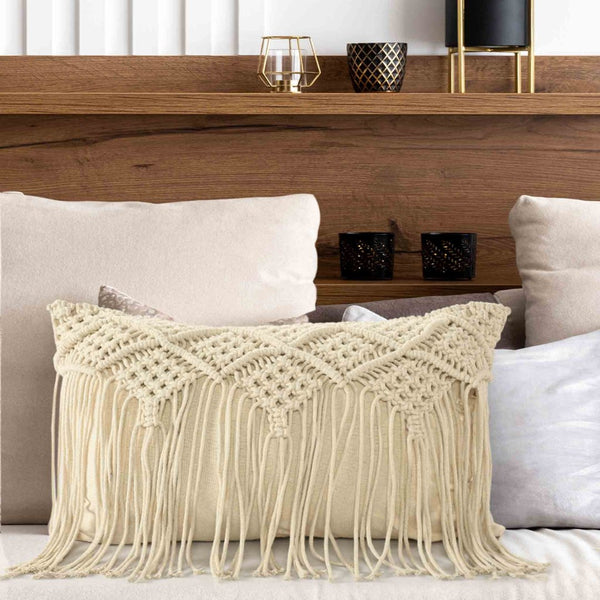 Macramé Cushion in Natural with long Fringe - Sashaaworld