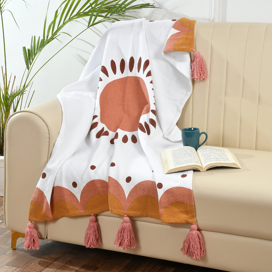 Printed Orange Cotton Throw - Sashaaworld