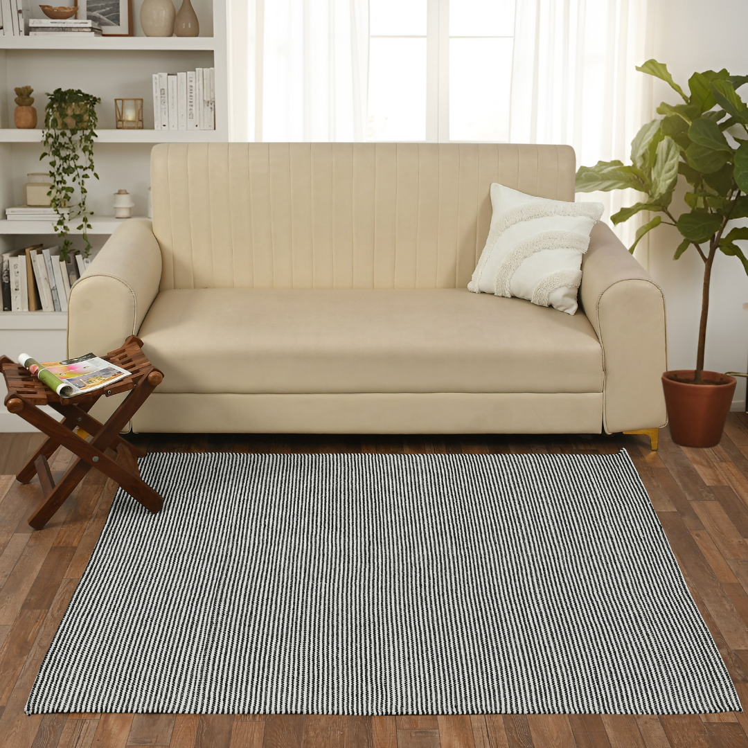 Ivory & Black Striped Cotton Rug