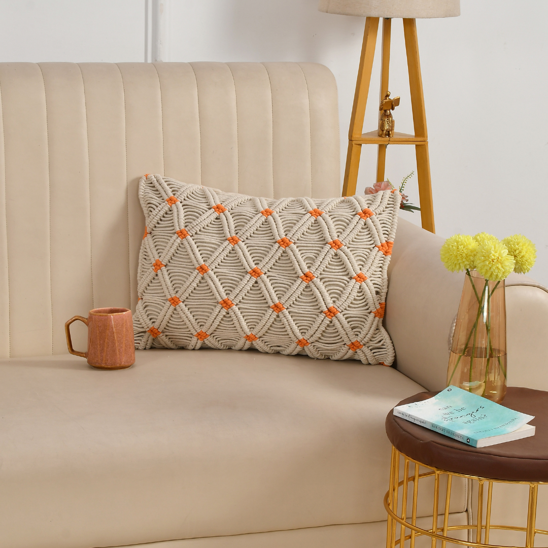 Macrame Cushion cover with orange accents
