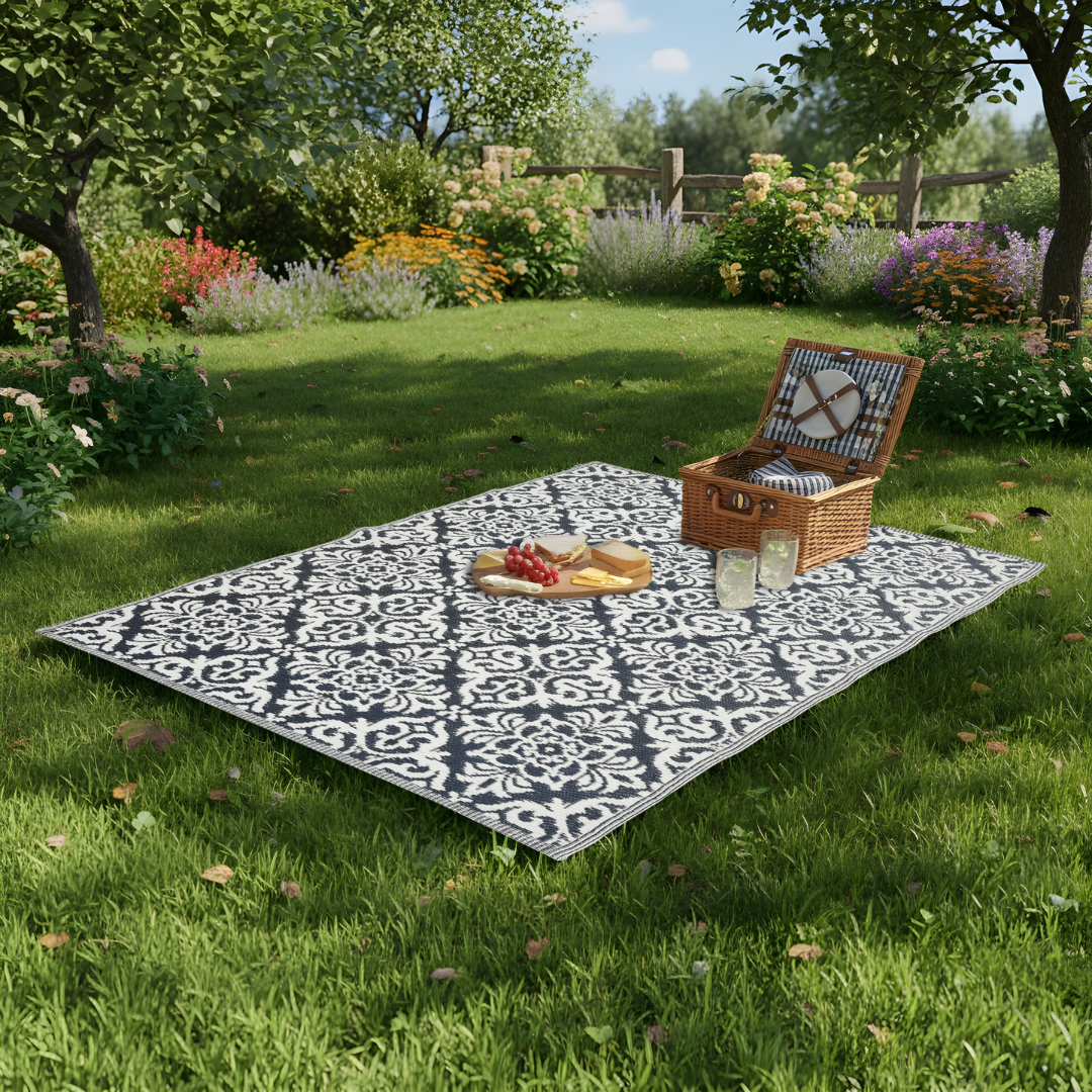 Reversible Blue and White Geometric Carpet