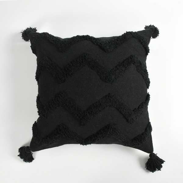 Black Chevron Tufted Cushion Cover with Tassels