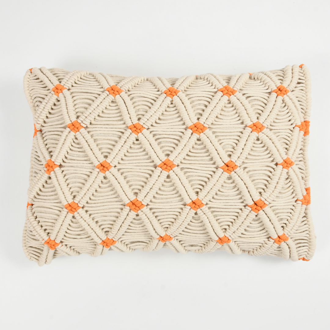 Macrame Cushion cover with orange accents