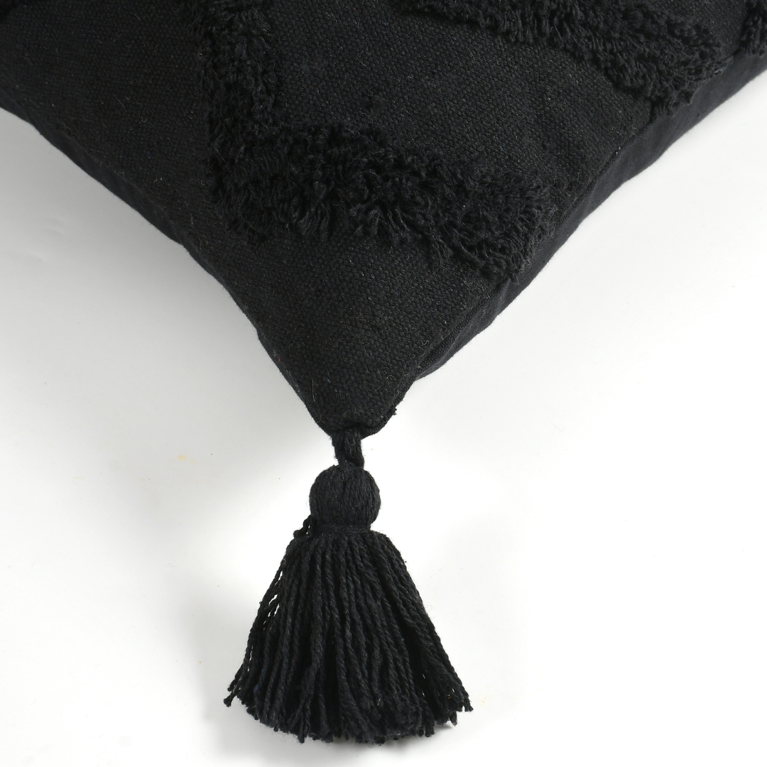 Black Chevron Tufted Cushion Cover with Tassels