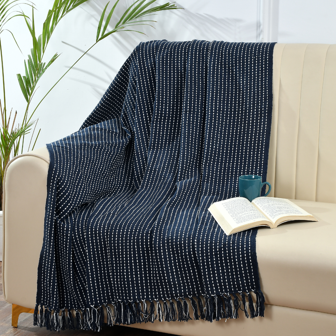 Navy Woven Cotton Throw- sashaa world