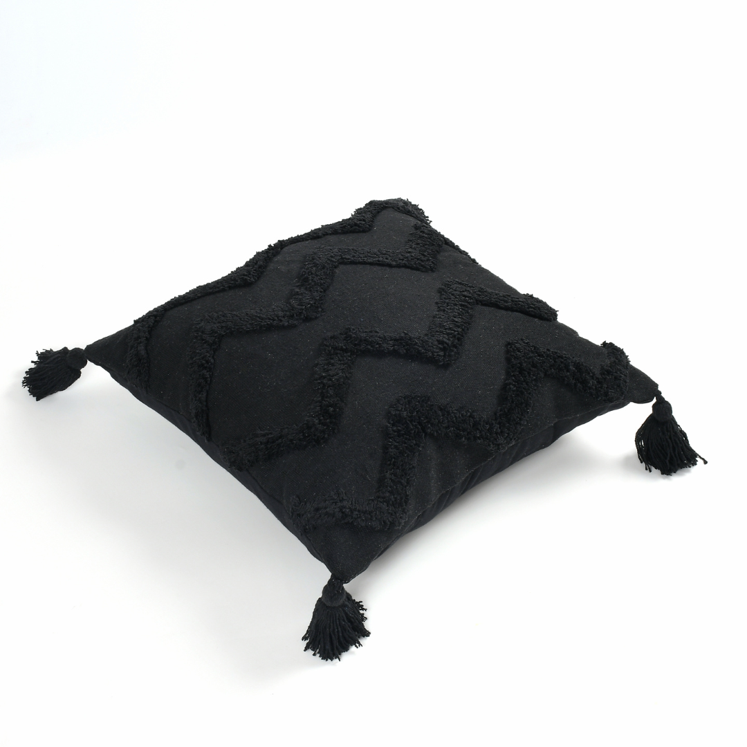 Black Chevron Tufted Cushion Cover with Tassels