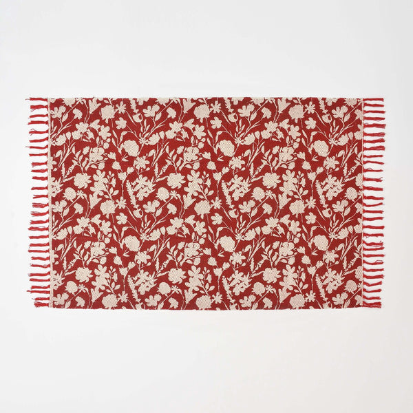 Red and White Nature Floral Print Rug