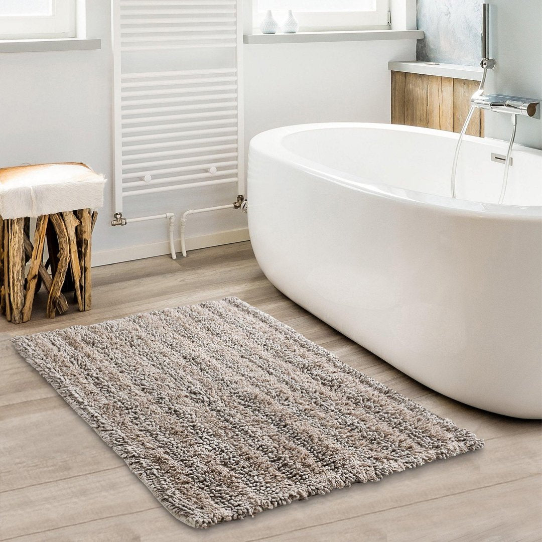Brown Tufted Striped Bathroom Rug