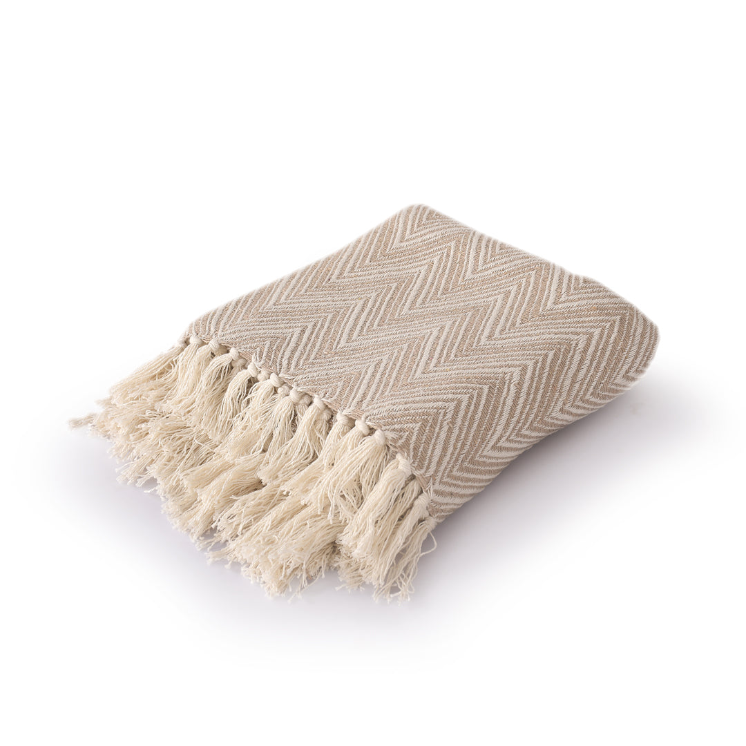 Zig-Zag Patterned Beige Ivory Woven Throw