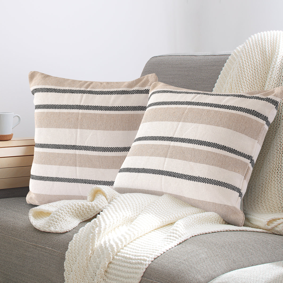 Beige Black Striped Woven Cushion Cover