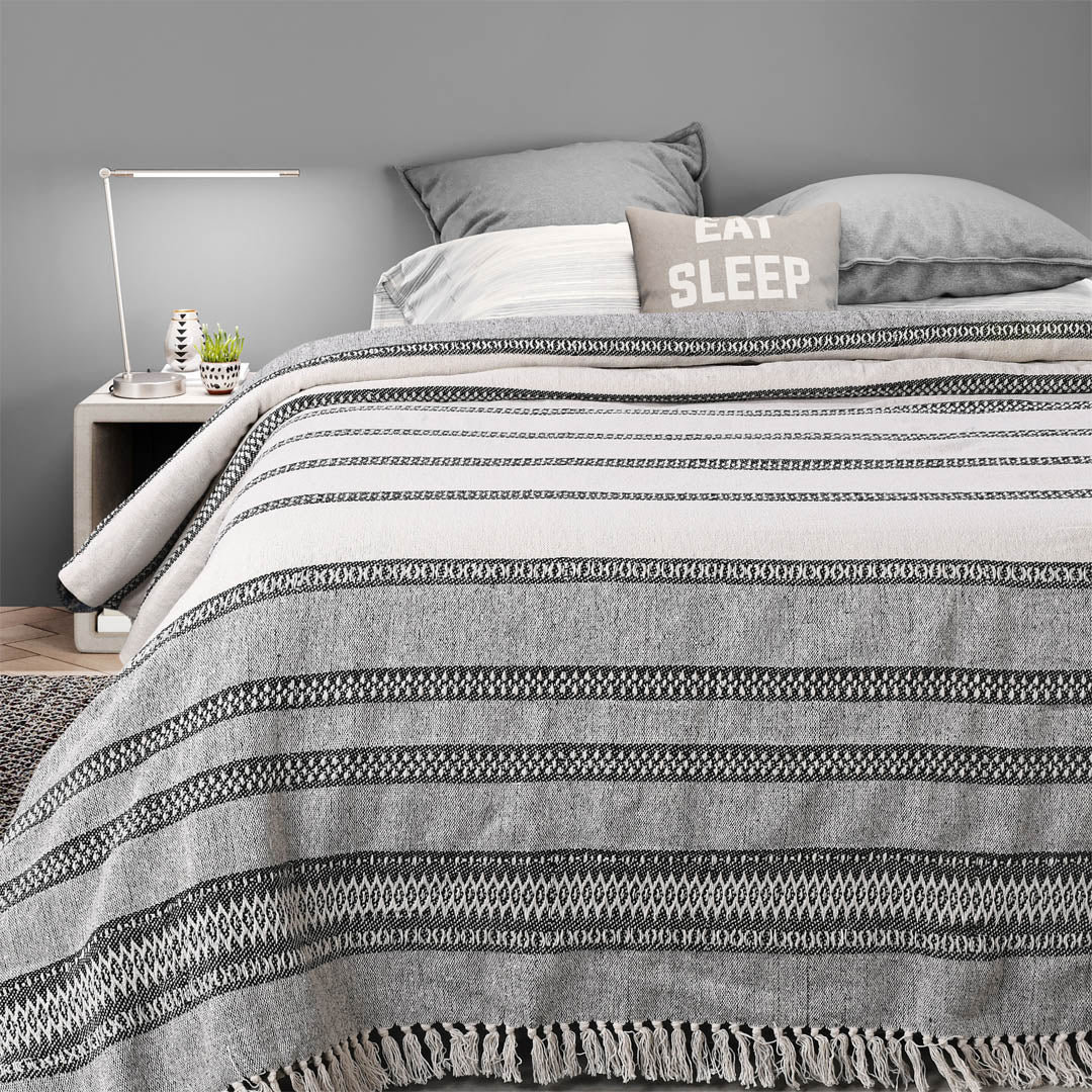 Striped Black & White Cotton Bedcover- Sashaaworld