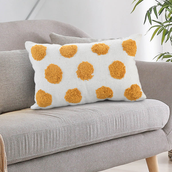 White Lumbar Cushion with Tufted Yellow Circles