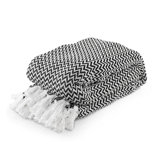 Black Chevron Sofa Throw with Tassels