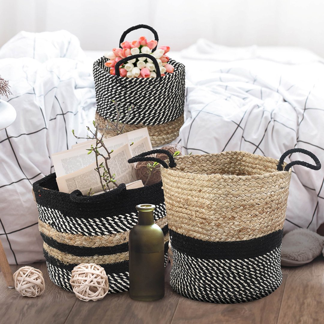 Jute & Cotton Basket Set of 3 Black - Sashaa World 