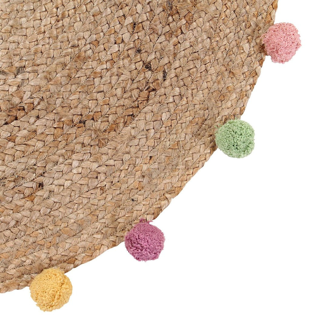 Round Jute Rug with Multi Colored Pompoms - Sashaaworld