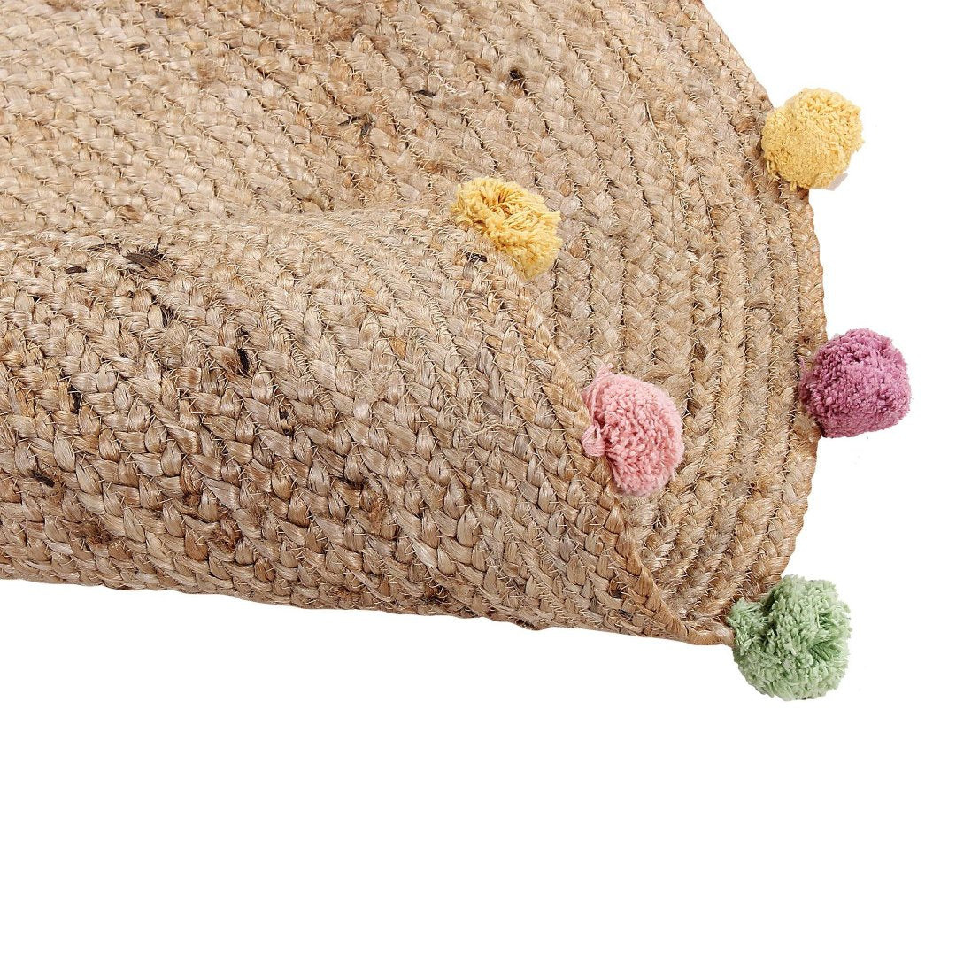 Round Jute Rug with Multi Colored Pompoms - Sashaaworld