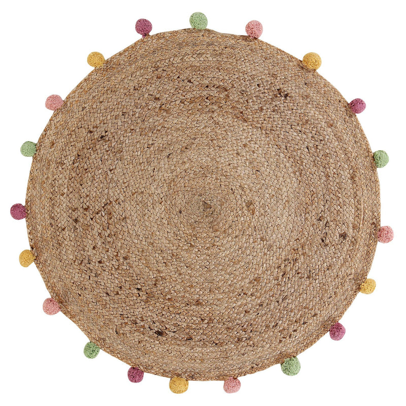 Round Jute Rug with Multi Colored Pompoms - Sashaaworld