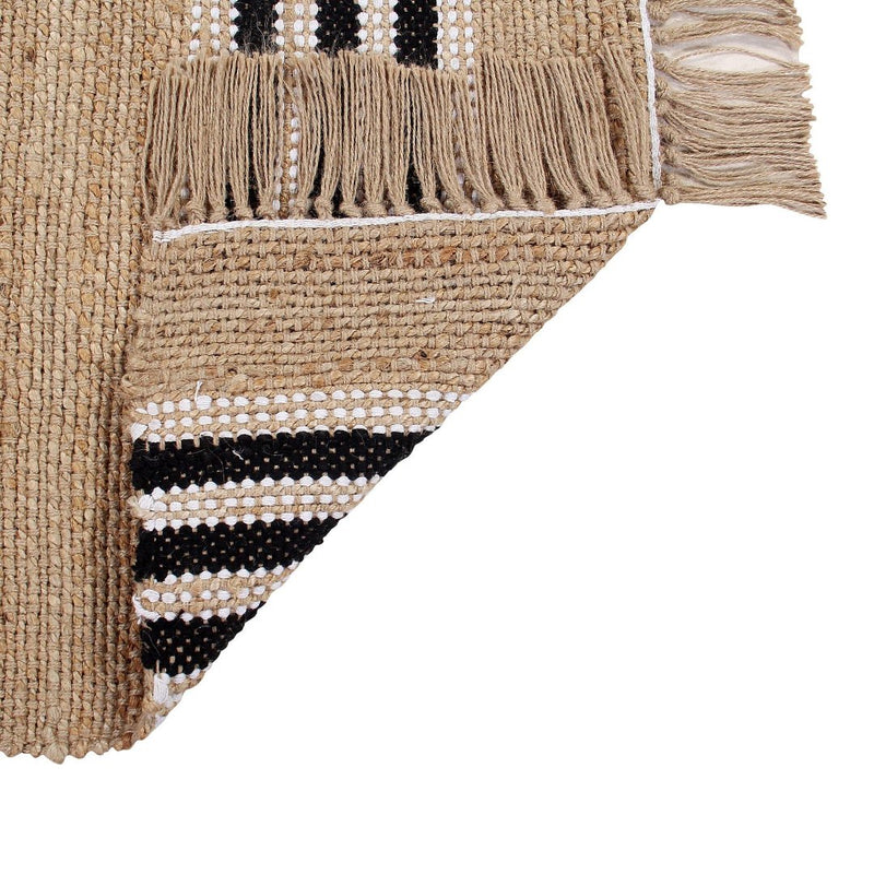 Handwoven jute rug with black and white stripes  and tassels at the end. - Sashaaworld