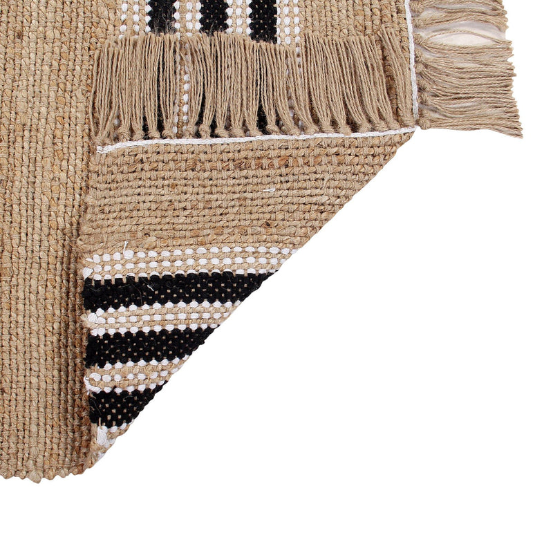 Handwoven jute rug with black and white stripes  and tassels at the end. - Sashaaworld