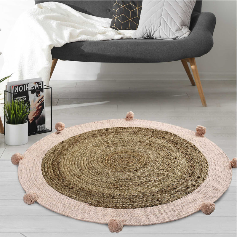 Jute and Cotton Rug with pompom edging(Reversible)