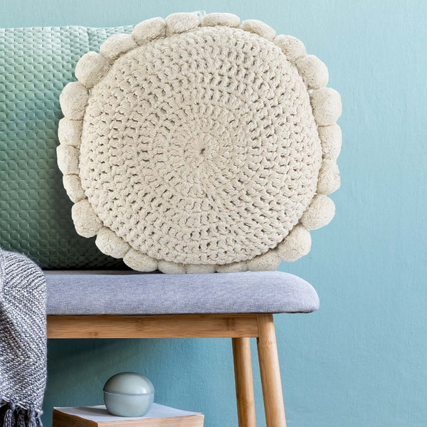 White Crochet Pompom Round Cushion- Sashaa World 