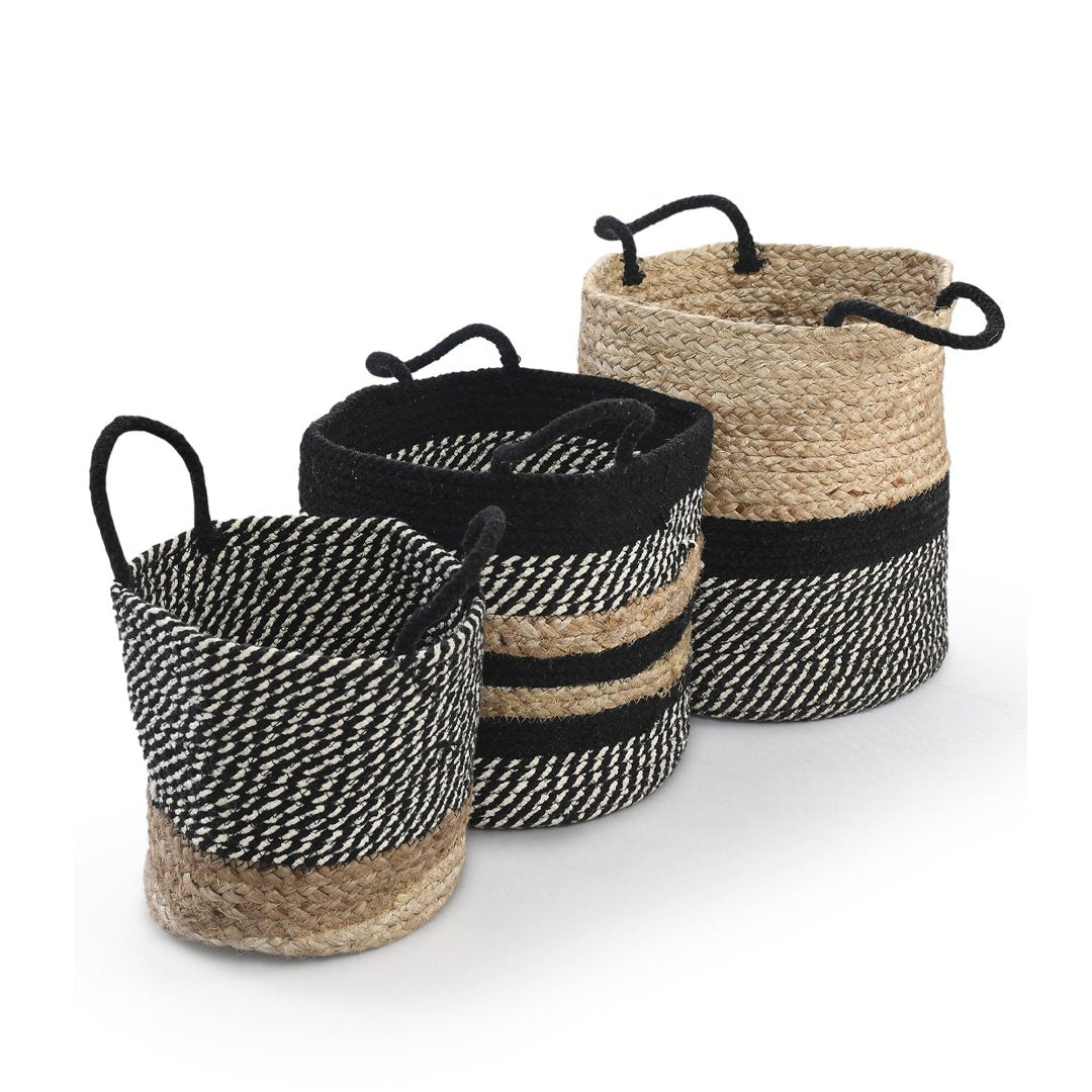Jute & Cotton Basket Set of 3 Black - Sashaa World 