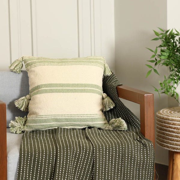 Green Striped and Tasseled Cushion Cover