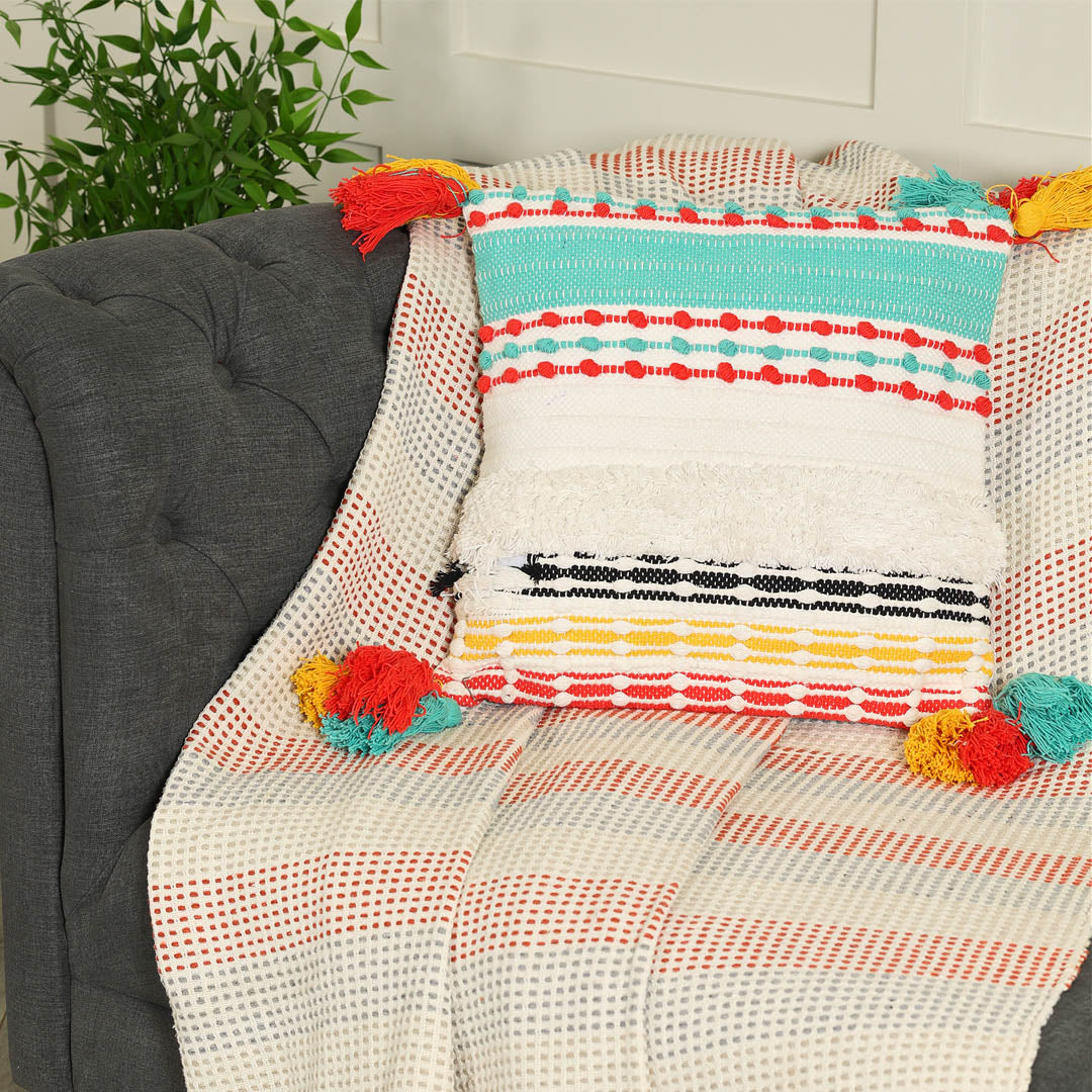 Multi-colored Cushion Cover with Tassels - Sashaaworld
