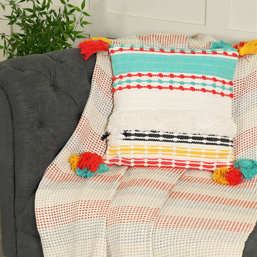 Multi-colored Cushion Cover with Tassels