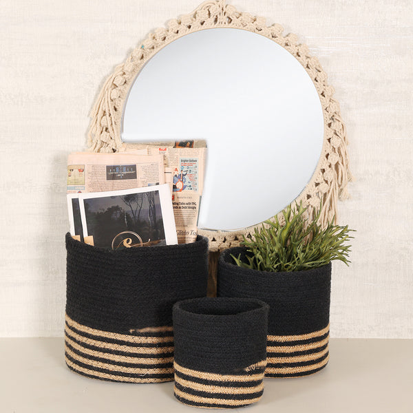 Jute & Cotton Basket Set of 3 Black - Sashaa World 