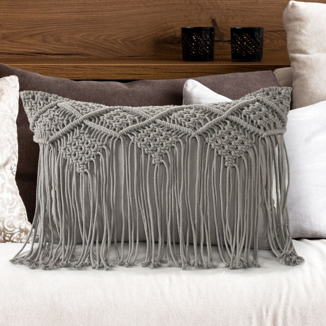 Grey Macrame Cushion with fringes