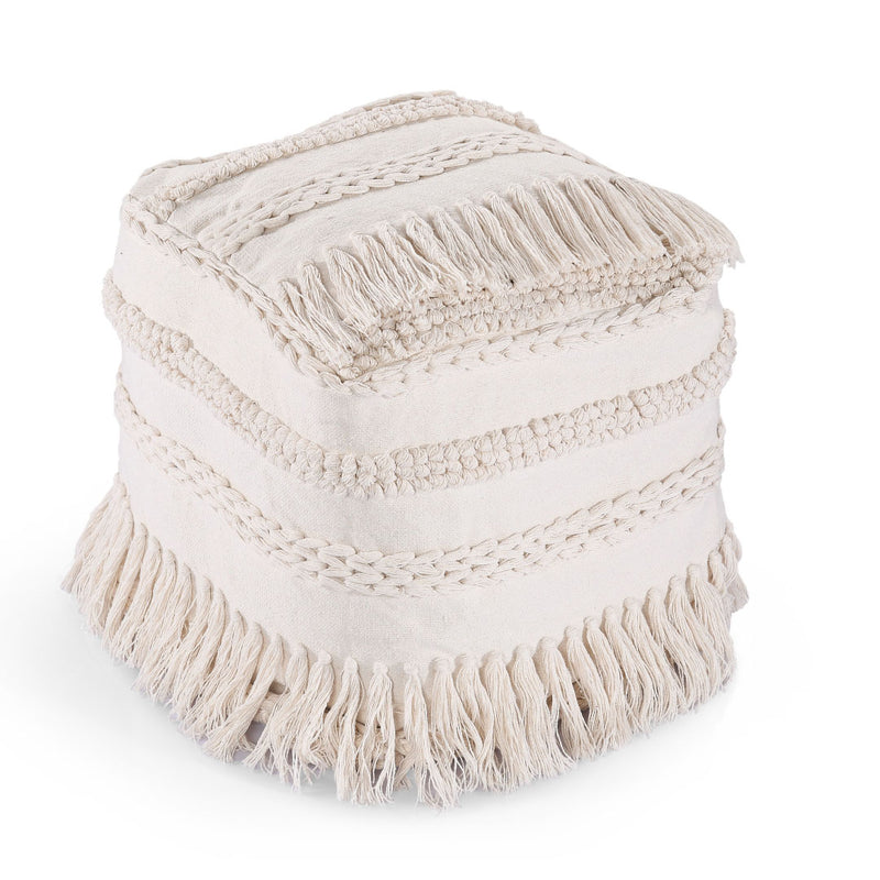 Ivory Tasseled Ottoman Pouf