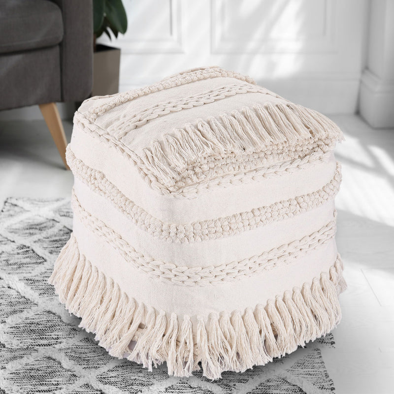 Ivory Tasseled Ottoman Pouf