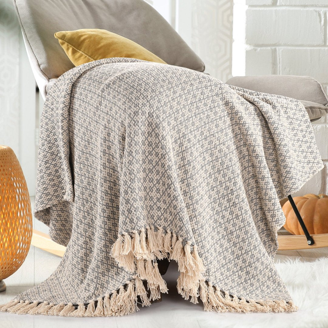 Soft Cotton Throw Blanket for Sofa/ Bed- Grey - Sashaaworld